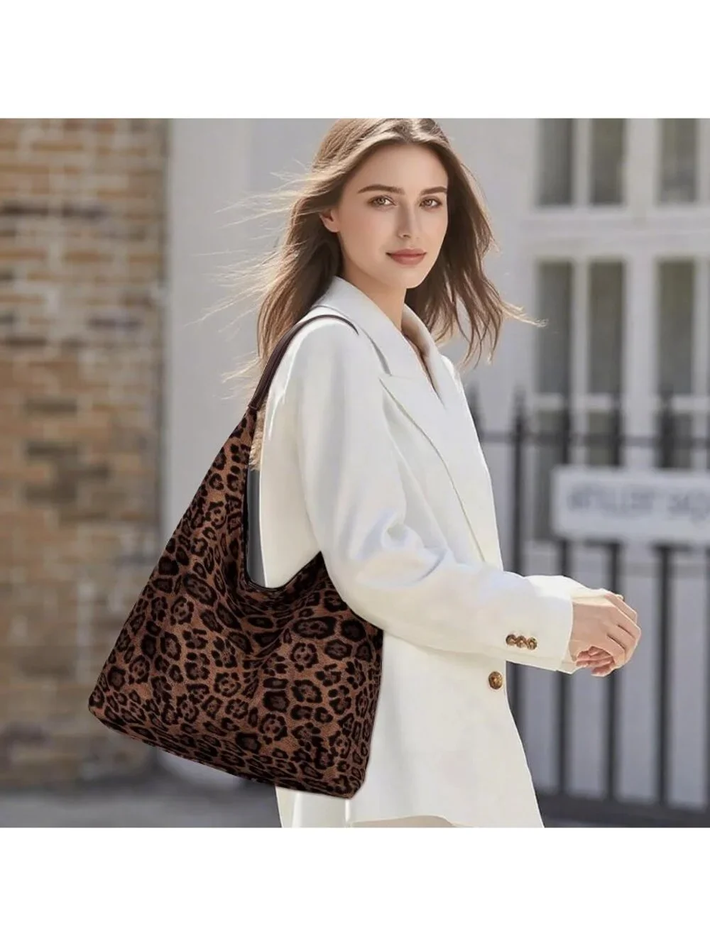 Faux Suede Leopard Print Hobo Shoulder Bag Large Capacity Work Tote